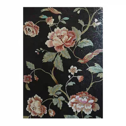Vintage Chinoiserie Peony and Bird Glass Mosaic Mural - Custom Luxury Art