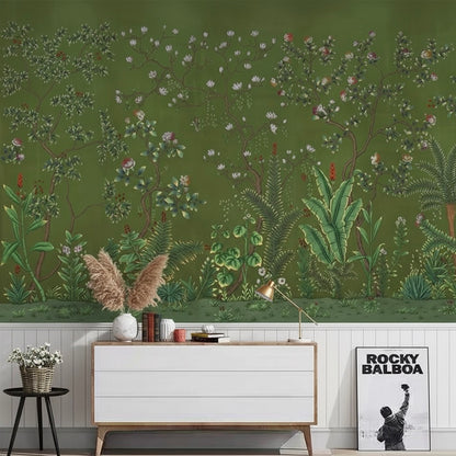 Custom Woodland Scenic Mural | Traditional Dark Green Botanical Wallpaper