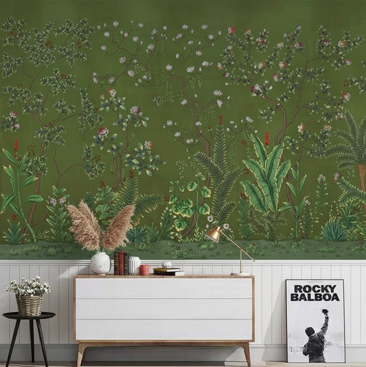 Custom Woodland Scenic Mural | Traditional Dark Green Botanical Wallpaper
