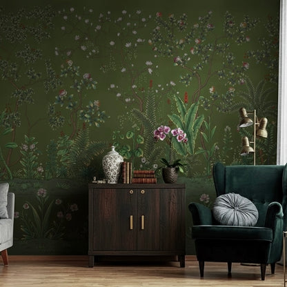 Custom Woodland Scenic Mural | Traditional Dark Green Botanical Wallpaper
