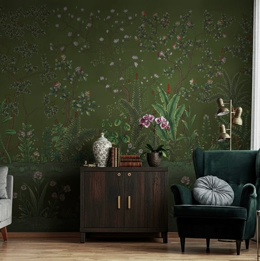 Custom Woodland Scenic Mural | Traditional Dark Green Botanical Wallpaper