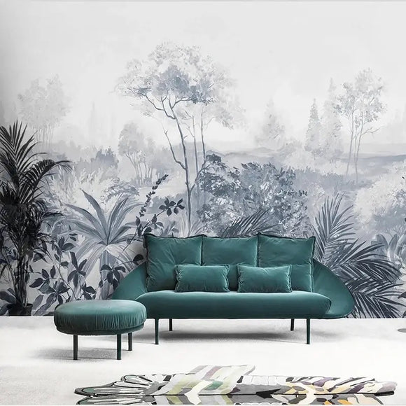 Custom Wallpaper Mural Retro Tropical Trees Blue (㎡)