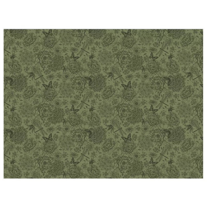 Green patterned paper with floral and arrow designs on a white background