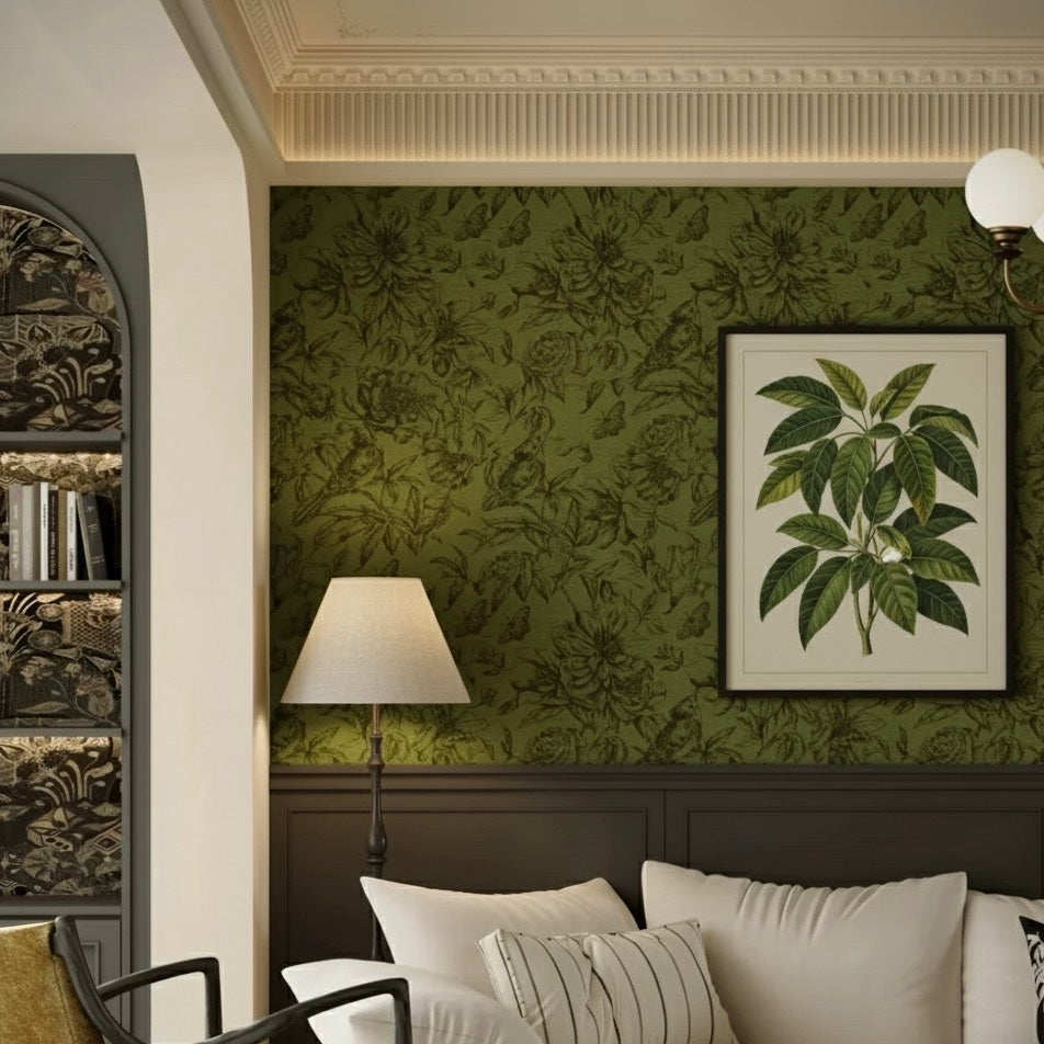 Dark Academia Forest Green Botanical Wallpaper Mural | Vintage Floral Toile Non-Pasted Wallcovering