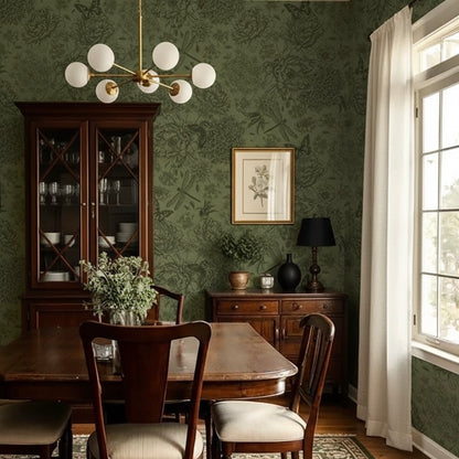 Dark Academia Forest Green Botanical Wallpaper Mural | Vintage Floral Toile Non-Pasted Wallcovering