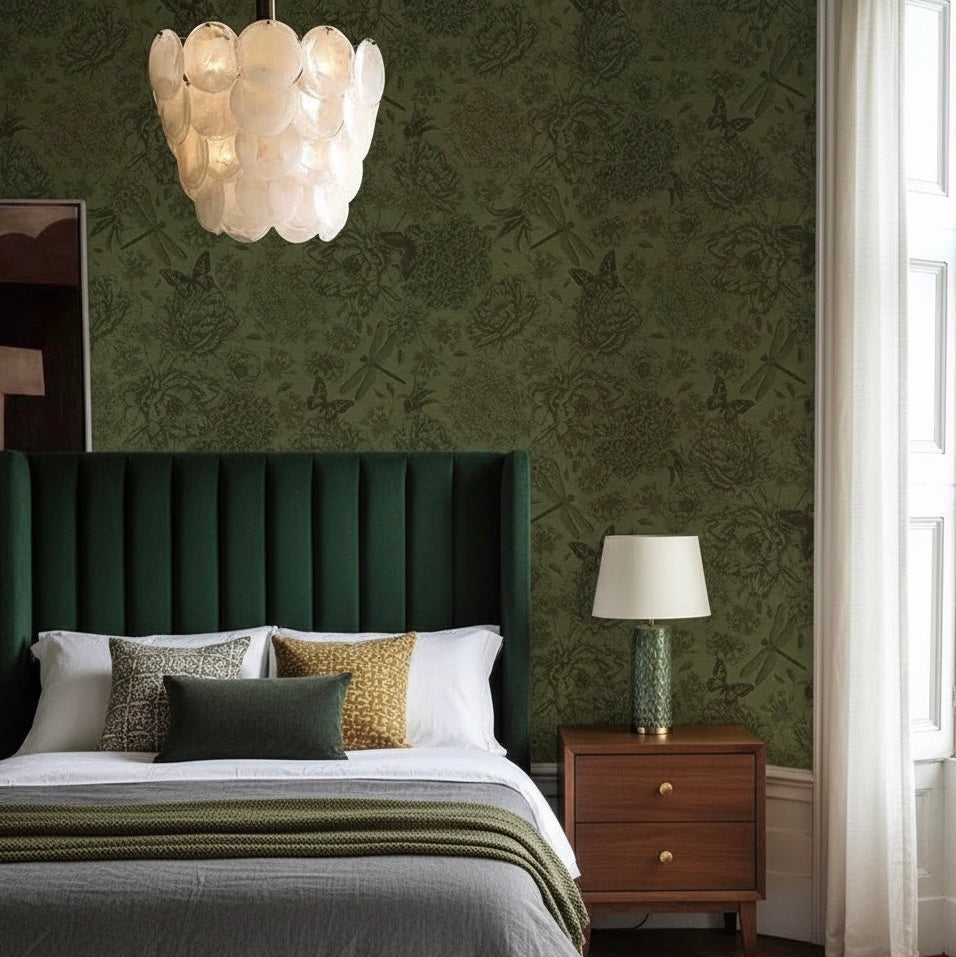 Dark Academia Forest Green Botanical Wallpaper Mural | Vintage Floral Toile Non-Pasted Wallcovering