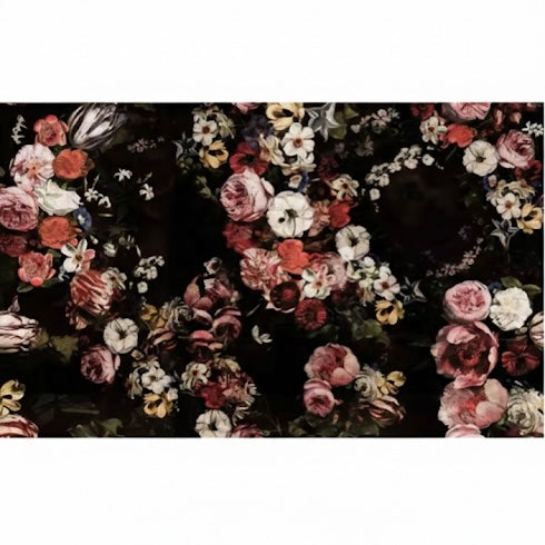 Floral pattern with pink, white, and red flowers on a black background