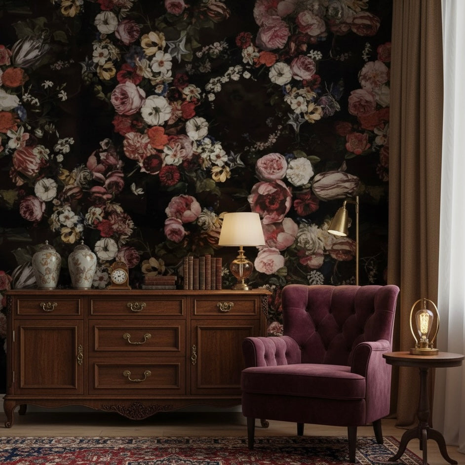 Dark Floral Opulence Wallpaper Mural | Dutch Masters Vintage Rose Non-Pasted Wallcovering