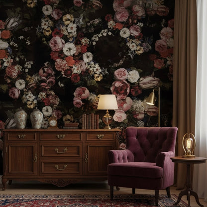 Dark Floral Opulence Wallpaper Mural | Dutch Masters Vintage Rose Non-Pasted Wallcovering