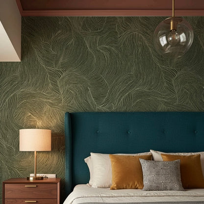 Deep Forest Green Abstract Wave Custom Wallpaper Mural - Non-Pasted Organic Line Art