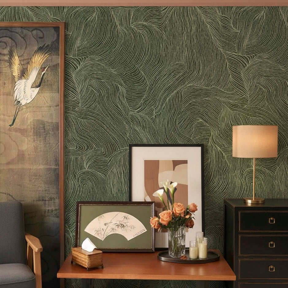 Deep Forest Green Abstract Wave Custom Wallpaper Mural - Non-Pasted Organic Line Art