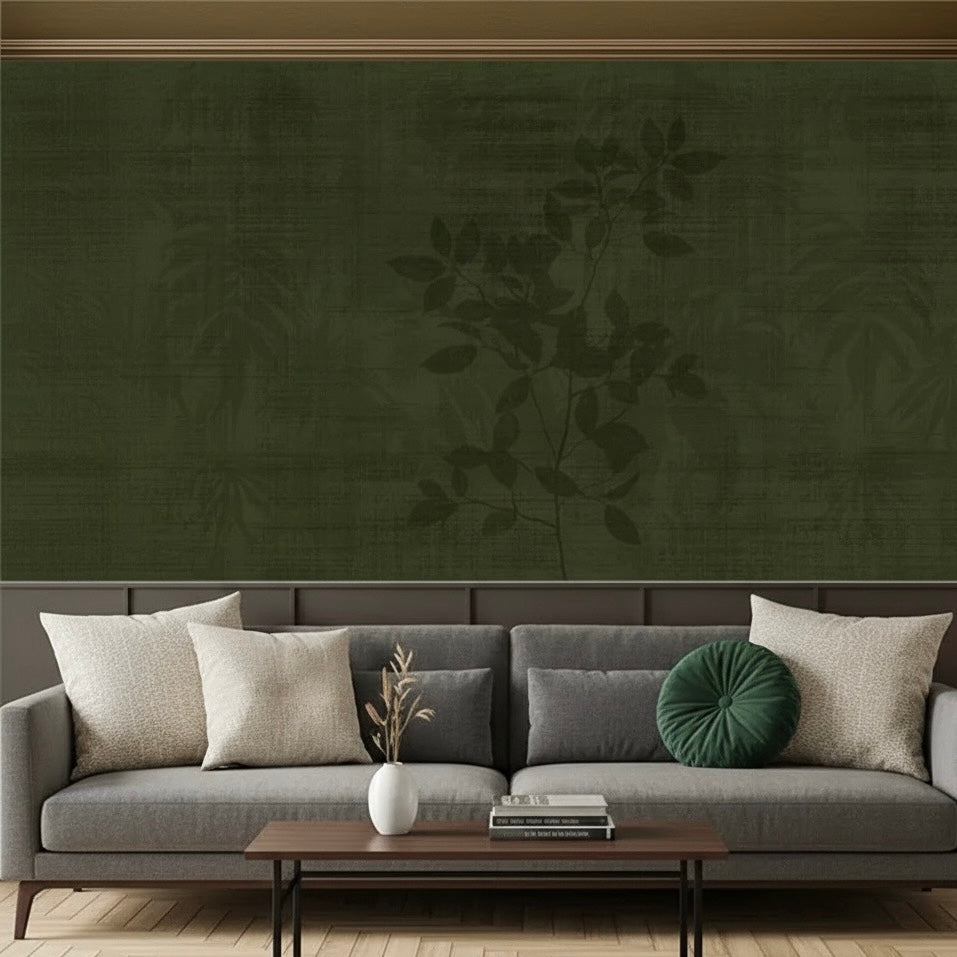 Custom Deep Forest Green Botanical Silhouette Wallpaper Mural