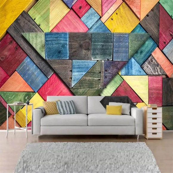 Custom Wallpaper Mural Colorful Geometric Wood Board Effect (㎡)