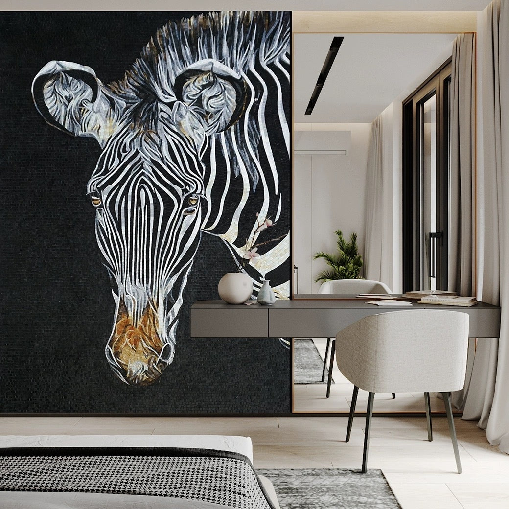 Custom-Luxury-Glass-Mosaic-Mural-Zebra-on-Dark-Background