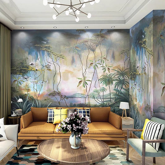 Custom Watercolor Botanical Scenery Wallpaper Mural – Large-Scale Artistic Feature Wall for Living Room, or Bedroom