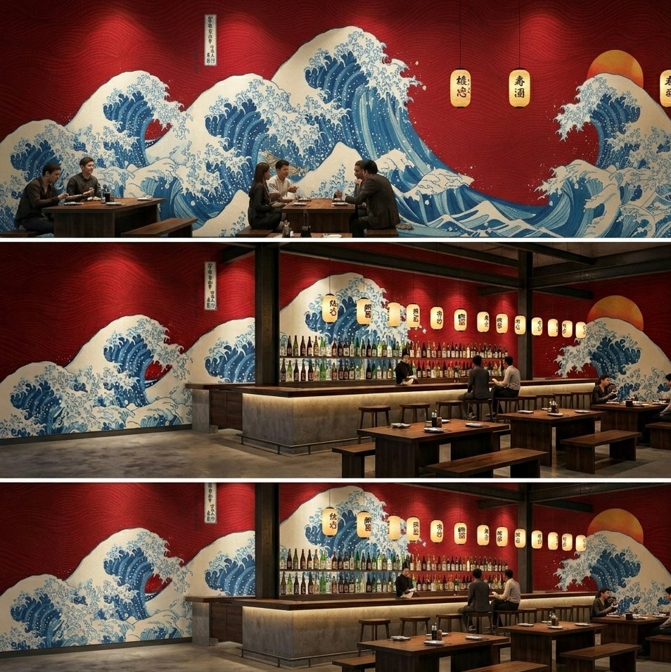 Modern Great Wave Wall Murals - Custom Japanese Ukiyo-e Wallpaper for Living Rooms & Offices