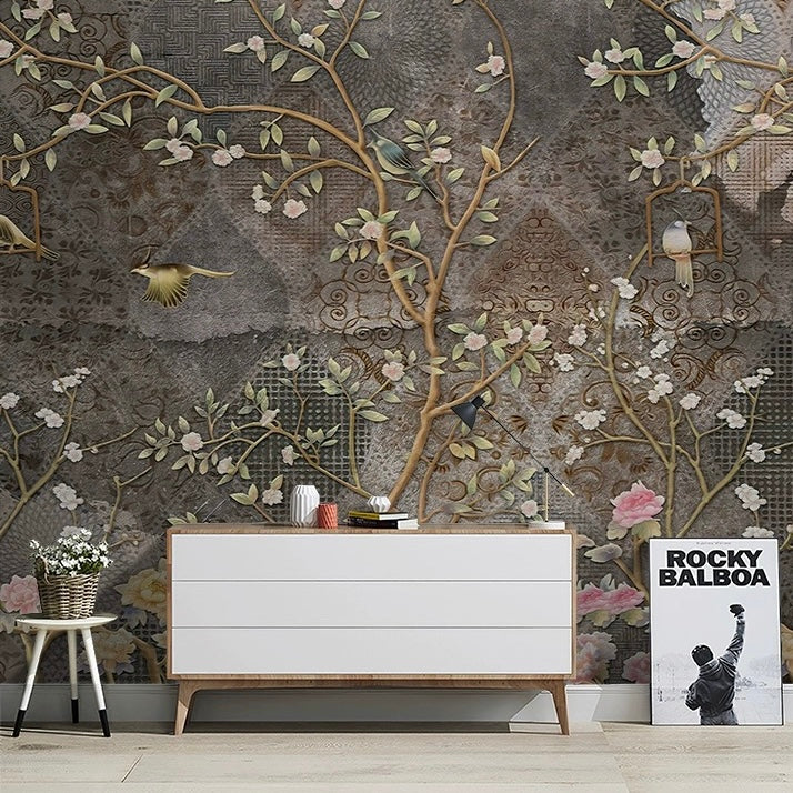 custom-wallpaper-vintage-pastoral-mural-birds-and-flowers