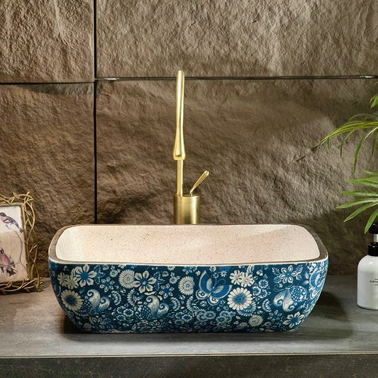 Fashion Chinese Ceramic Art Countertop Square Basin Lavabo Porcelain Bathroom Sink