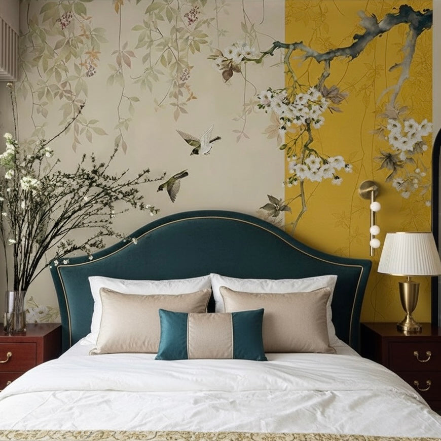 Elegant Chinoiserie & Gold Color Block Mural | Custom Non-Pasted Wallpaper