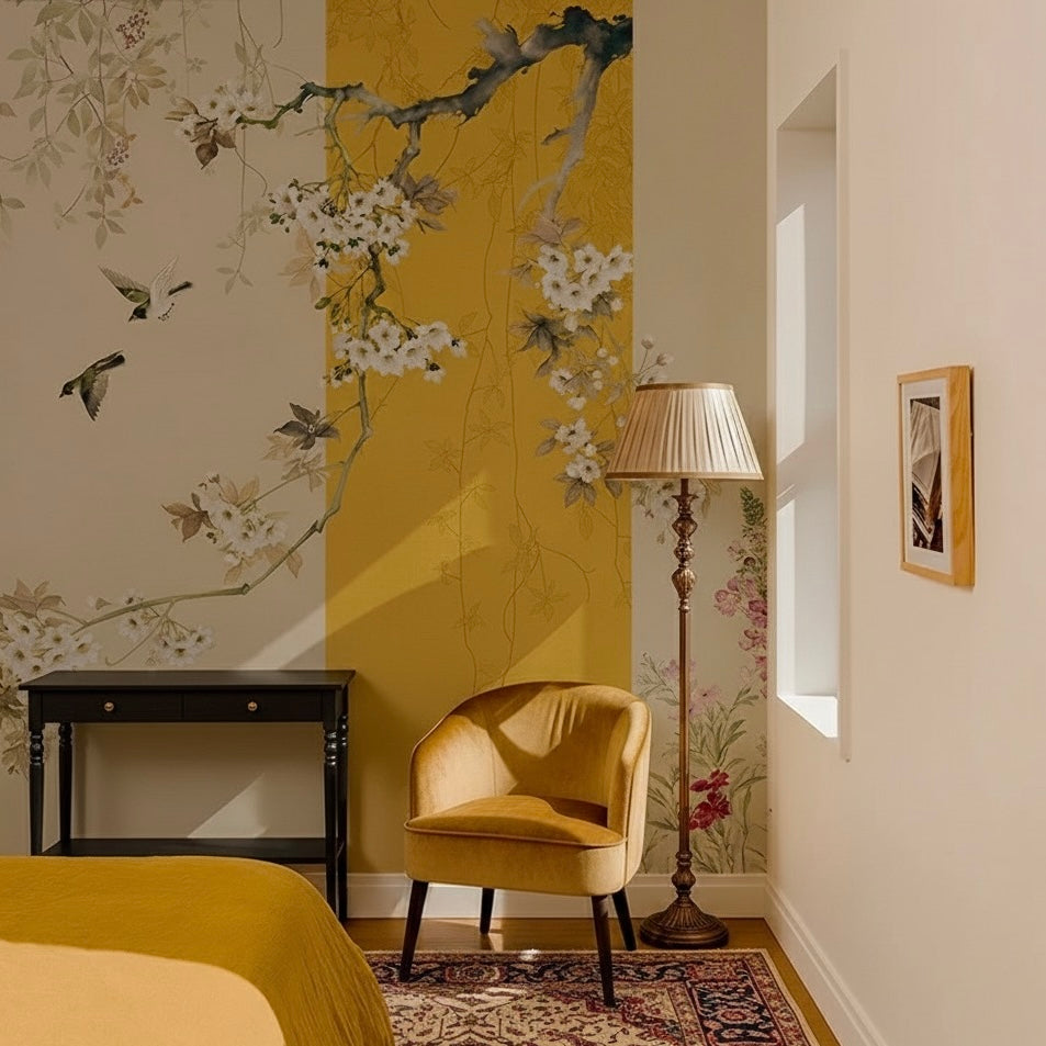 Elegant Chinoiserie & Gold Color Block Mural | Custom Non-Pasted Wallpaper