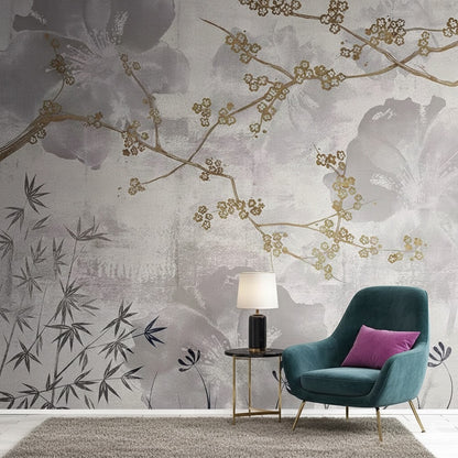 Elegant Sakura & Bamboo Mural | Modern Asian Floral Wallpaper