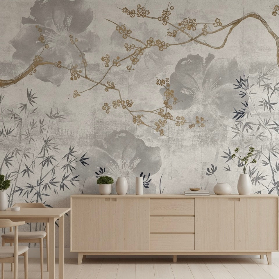 Elegant Sakura & Bamboo Mural | Modern Asian Floral Wallpaper