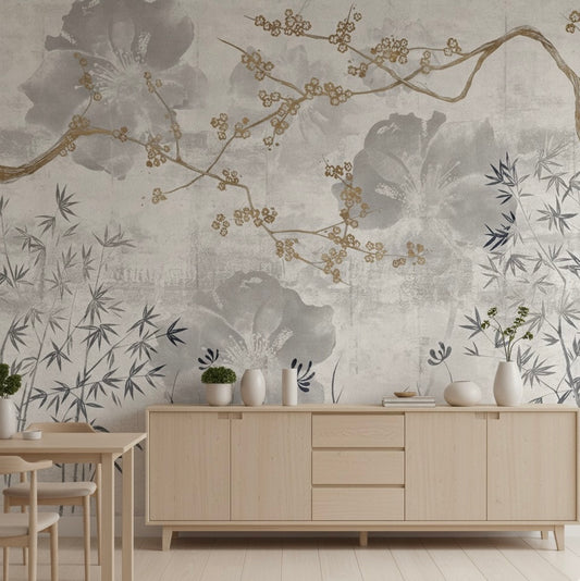 Elegant Sakura & Bamboo Mural | Modern Asian Floral Wallpaper
