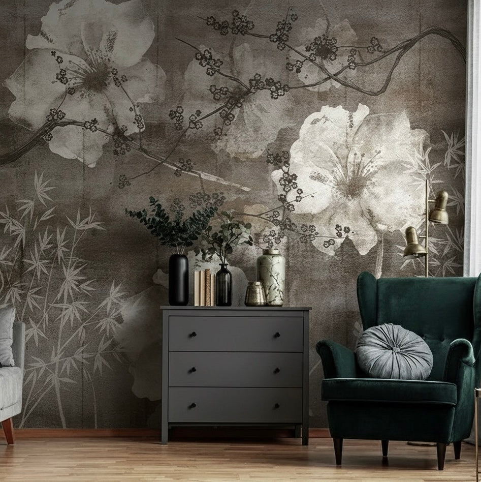 Elegant Sakura & Bamboo Mural | Modern Asian Floral Wallpaper
