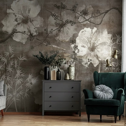Elegant Sakura & Bamboo Mural | Modern Asian Floral Wallpaper