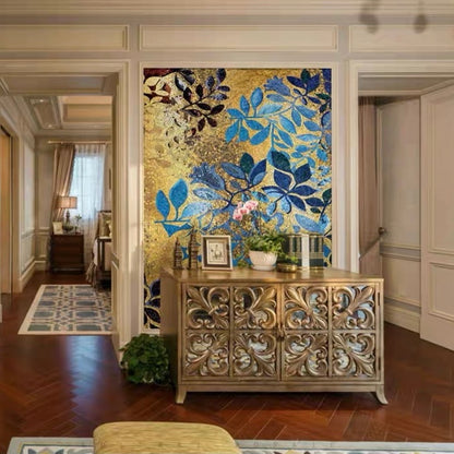 custom-glass-mosaic-mural-blue-leaves-golden-background