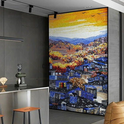 Custom-Luxury-Glass-Mosaic-Mural-Mountain-Village-Scenery