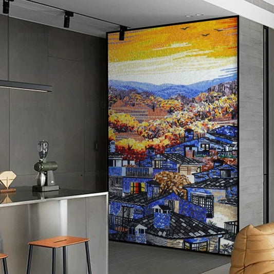 Custom-Luxury-Glass-Mosaic-Mural-Mountain-Village-Scenery