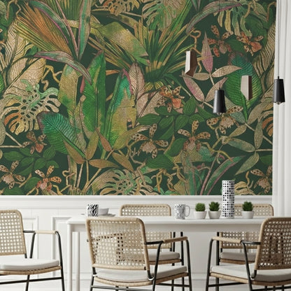 Custom Dark Green Metallic Jungle Mural | Maximalist Botanical Wallpaper