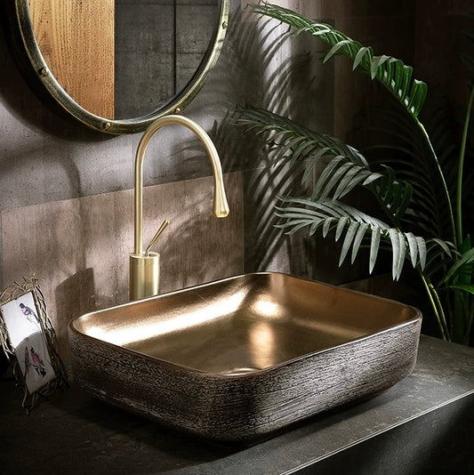 Retro Style Chinese Ceramic Countertop Square Basin Lavabo Porcelain Bathroom Sink