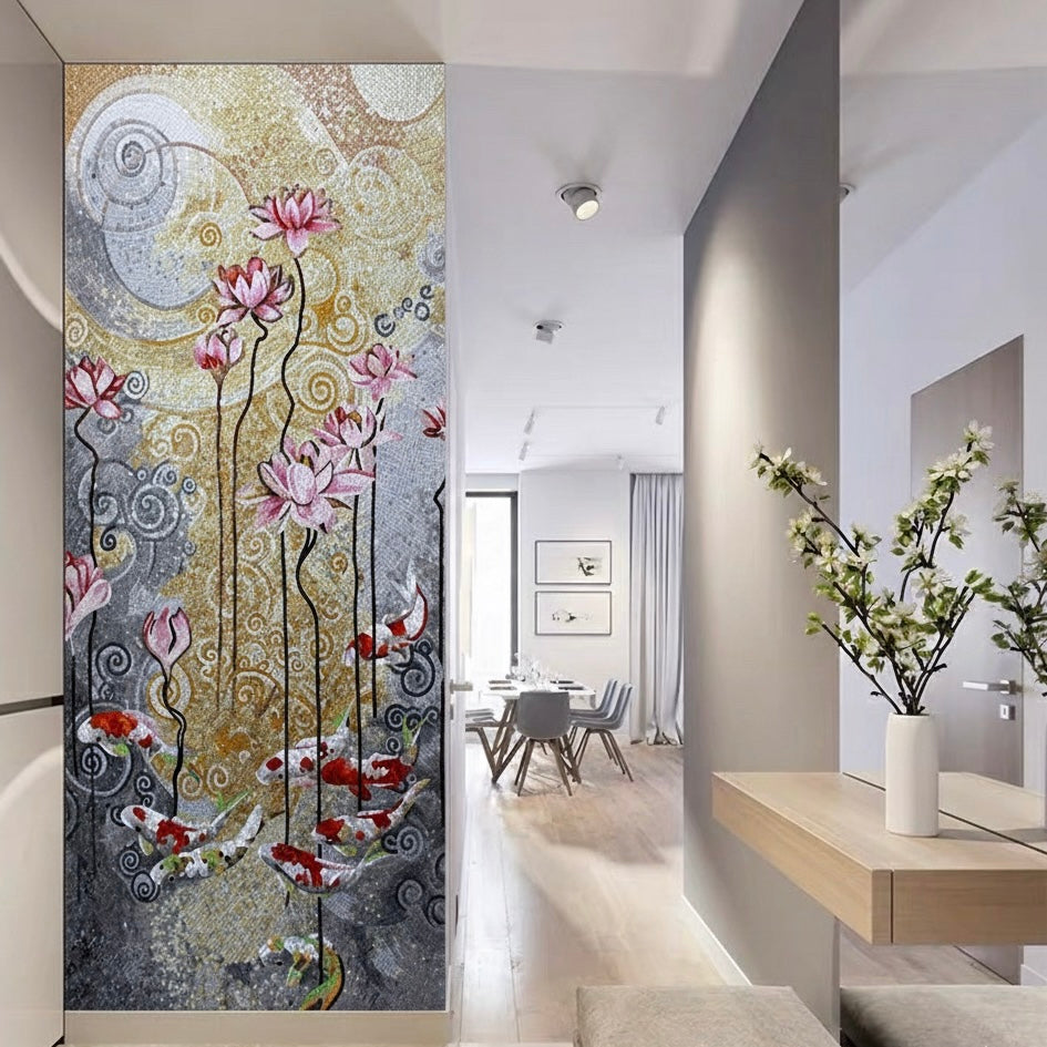 Feng Shui Koi Fish and Lotus Flower Glass Mosaic Mural - Custom Size Art