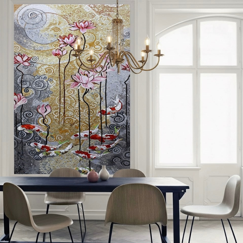 Feng Shui Koi Fish and Lotus Flower Glass Mosaic Mural - Custom Size Art