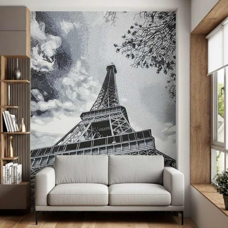 Custom Eiffel Tower Glass Mosaic Mural - Parisian Grandeur (Black & White)