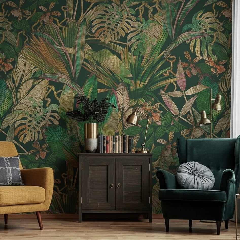 Custom Dark Green Metallic Jungle Mural | Maximalist Botanical Wallpaper