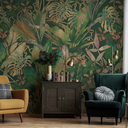 Custom Dark Green Metallic Jungle Mural | Maximalist Botanical Wallpaper