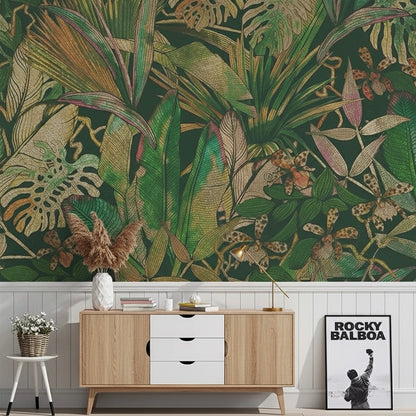 Custom Dark Green Metallic Jungle Mural | Maximalist Botanical Wallpaper