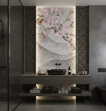 Serene Cherry Blossom & Bird Custom Glass Mosaic Mural - Japanese Floral Art Tile