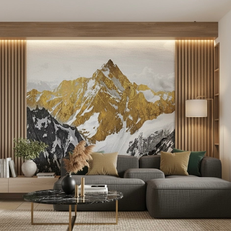 Golden Summit: Luxe Gold & Snow Mountain Mural