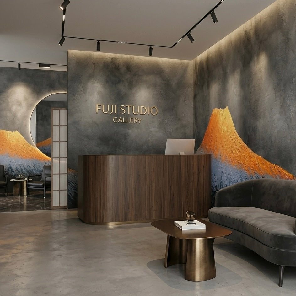 Red Fuji Peak Custom Mural – Textured Japanese Wabi-Sabi Wallpaper
