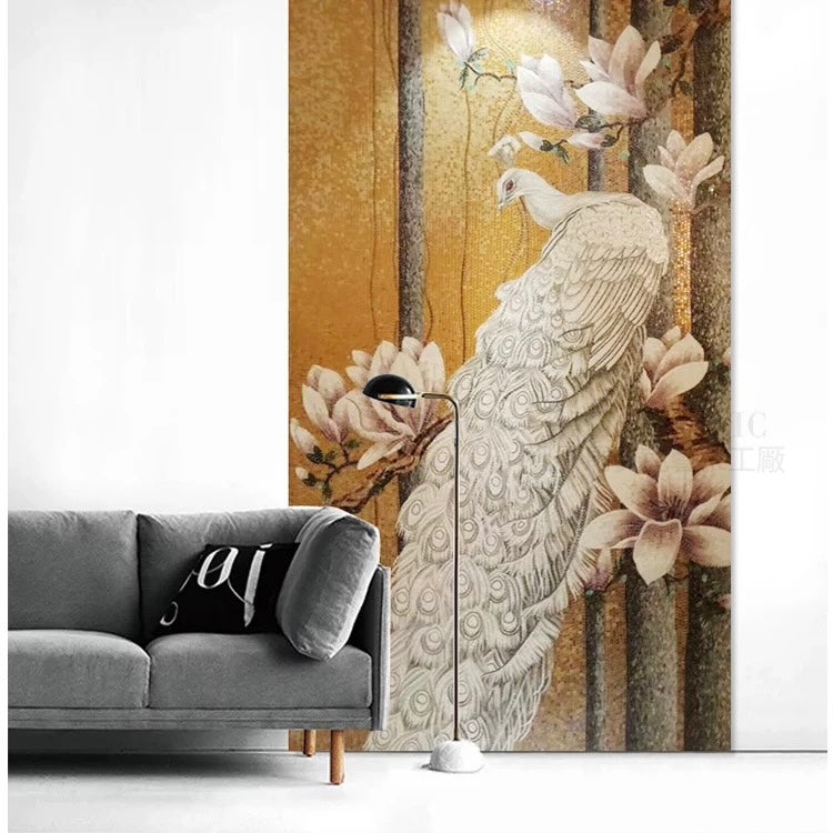 Custom Luxury White Peacock Glass Mosaic Mural - Handcrafted Magnolia & Gold Tile Art