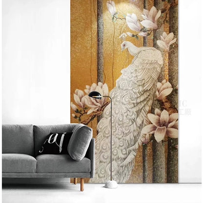 Custom Luxury White Peacock Glass Mosaic Mural - Handcrafted Magnolia & Gold Tile Art
