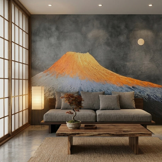 Red Fuji Peak Custom Mural – Textured Japanese Wabi-Sabi Wallpaper