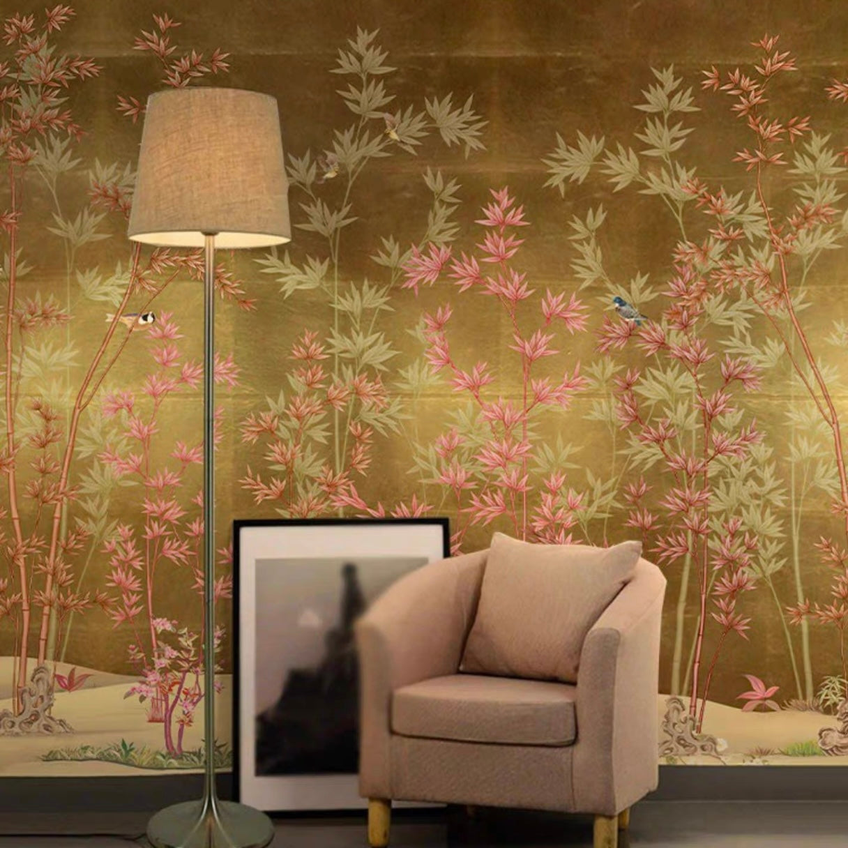 custom-wallpaper-vintage-pastoral-mural-birds-and-flowers