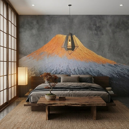 Red Fuji Peak Custom Mural – Textured Japanese Wabi-Sabi Wallpaper