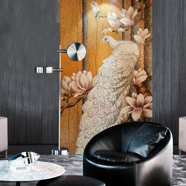 Custom Luxury White Peacock Glass Mosaic Mural - Handcrafted Magnolia & Gold Tile Art