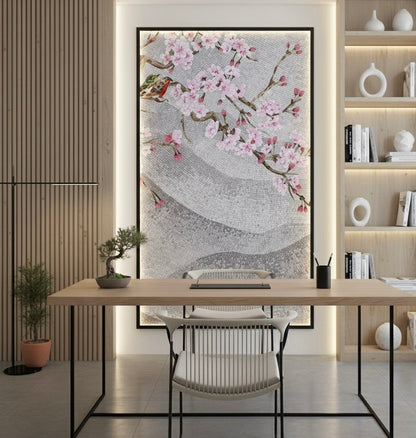 Serene Cherry Blossom & Bird Custom Glass Mosaic Mural - Japanese Floral Art Tile